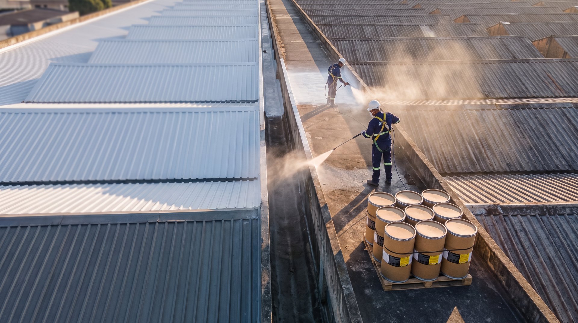 Barricas Baumax sobre um telhado industrial durante a obra