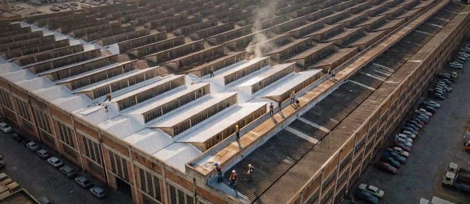 Retrofit em andamento numa cobertura industrial de grande porte